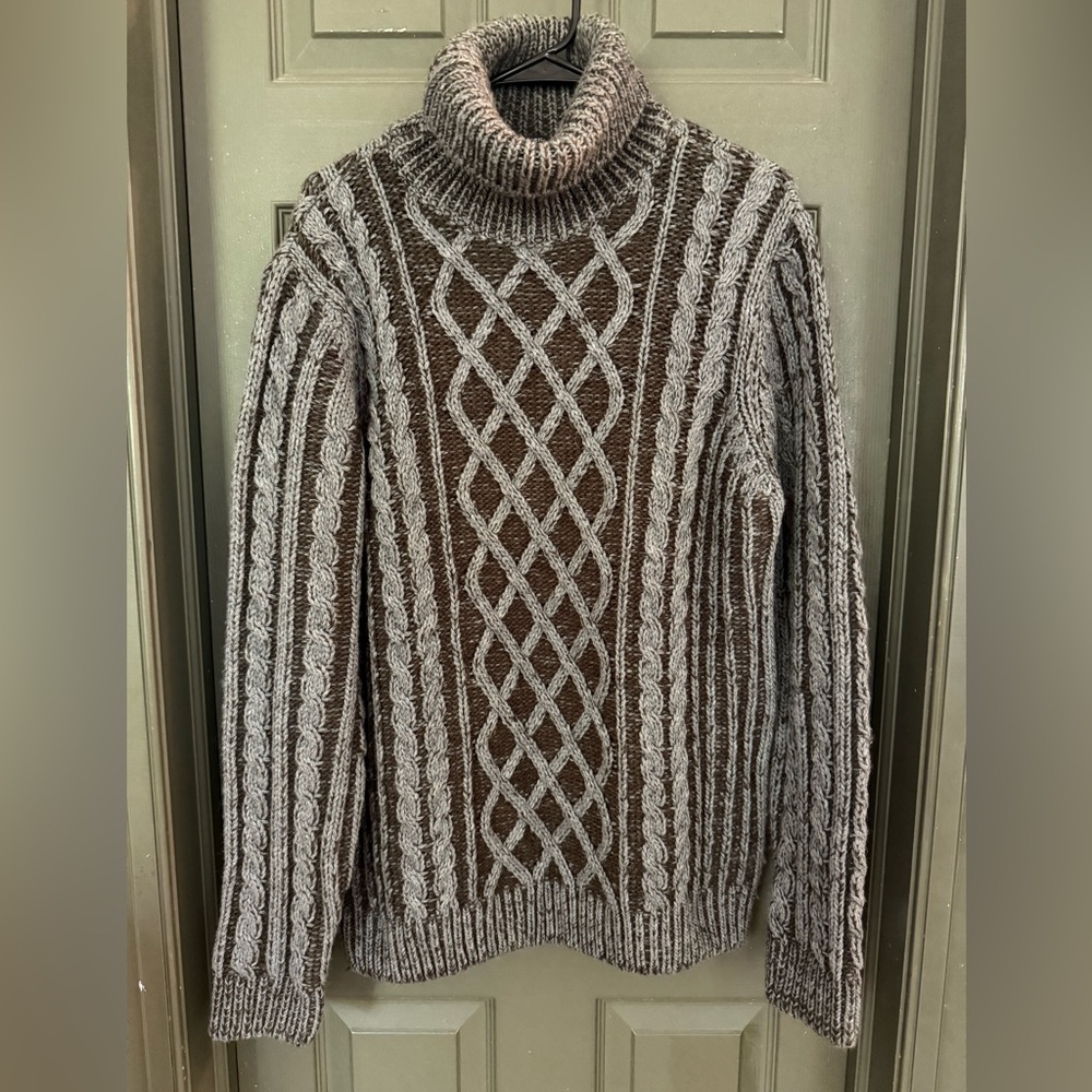 Men's Brown and Gray Cable Knit Sweater